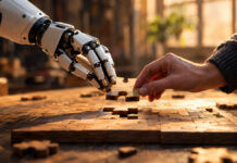 Roboterarm und Menschenhand setzen gemeinsam ein Holzpuzzle zusammen