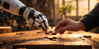 Roboterarm und Menschenhand setzen gemeinsam ein Holzpuzzle zusammen