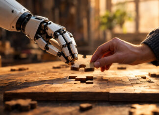 Roboterarm und Menschenhand setzen gemeinsam ein Holzpuzzle zusammen
