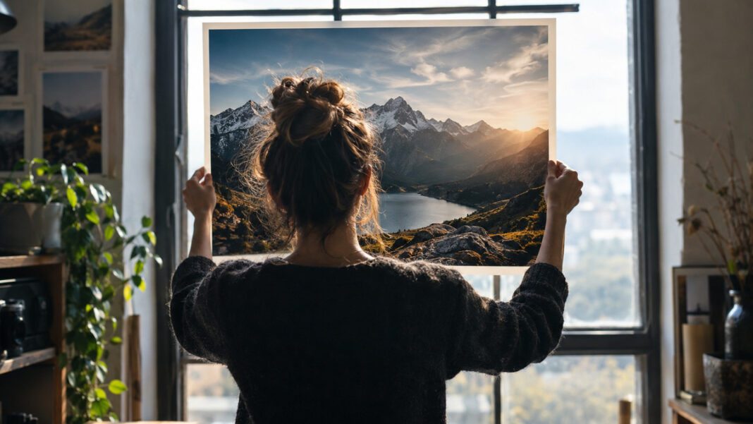 Fotoabzug im Atelier Fotografin prüft einen großen Fotoabzug im Atelier