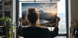 Fotografin prüft einen großen Fotoabzug im Atelier