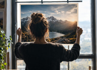 Kreativität vermarkten mit CALVENDO Fotografin prüft einen großen Fotoabzug im Atelier