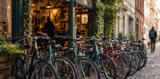 Gebrauchte Fahrräder vor einer Fahrradwerkstatt