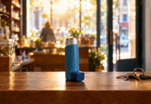 Bürgerversicherung 2026: Sollte die PKV abgeschafft werden? Ein blaues Asthmaspray steht auf der Holztheke eines kleinen Ladens, daneben ein Schlüsselbund, im Hintergrund ein sonniges Schaufenster