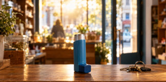 Ein blaues Asthmaspray steht auf der Holztheke eines kleinen Ladens, daneben ein Schlüsselbund, im Hintergrund ein sonniges Schaufenster