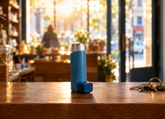 Ein blaues Asthmaspray steht auf der Holztheke eines kleinen Ladens, daneben ein Schlüsselbund, im Hintergrund ein sonniges Schaufenster