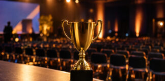 Goldener Siegerpokal auf einer Bühne vor leeren Stuhlreihen eines Gründerwettbewerbs