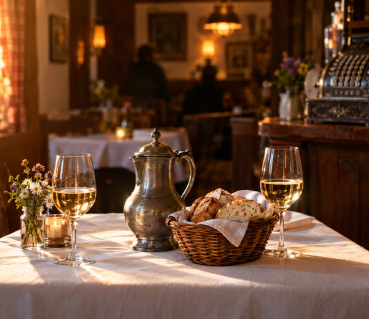 Ein weiß gedeckter Gasttisch mit zwei Weingläsern, einer zinnernen Kanne und einem Korb Weißbrot, die Stühle schräg abgerückt, warmes Abendlicht von links