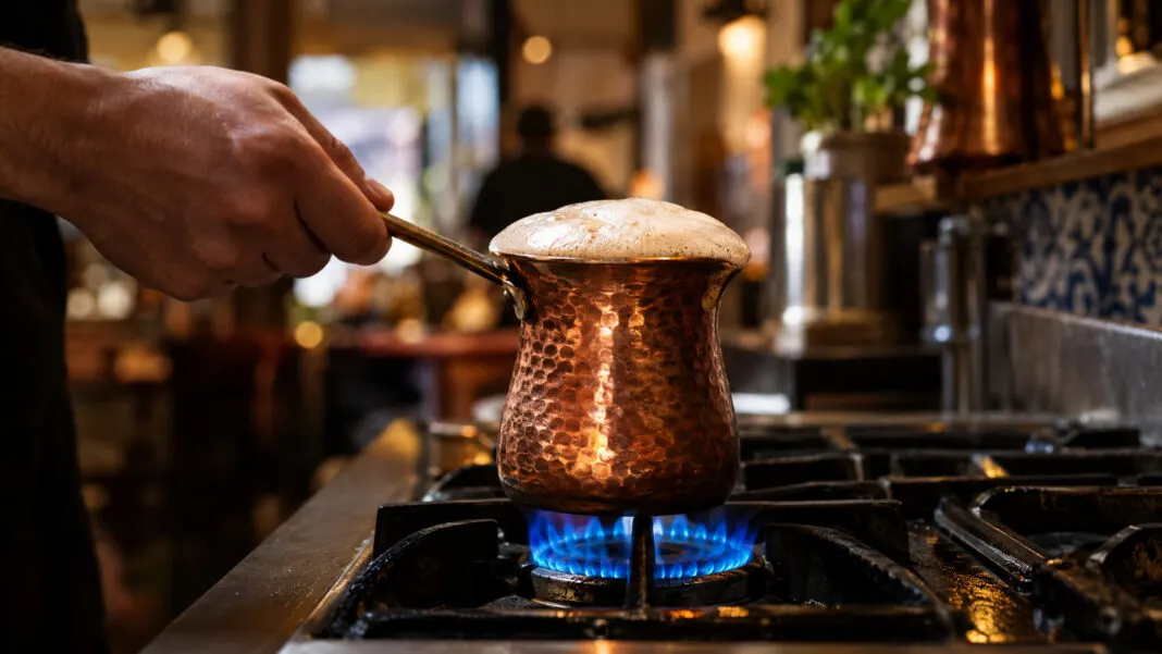 Hand schwenkt einen kupfernen Kessel über einer Gasflamme, der Schaum steigt an den Rand