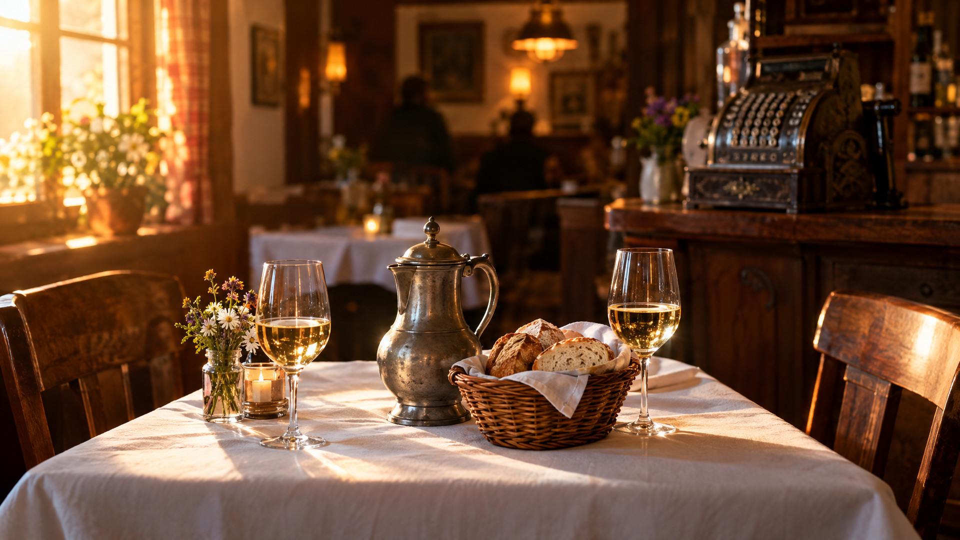 Gruenderfreunde Ein weiß gedeckter Gasttisch mit zwei Weingläsern, einer zinnernen Kanne und einem Korb Weißbrot, die Stühle schräg abgerückt, warmes Abendlicht von links