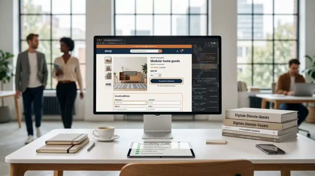 Moderner Online-Shop mit sichtbaren Barrierefreiheits-Elementen und BFSG-Kontext im Arbeitsumfeld