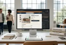 Moderner Online-Shop mit sichtbaren Barrierefreiheits-Elementen und BFSG-Kontext im Arbeitsumfeld