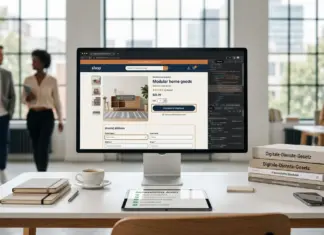 Moderner Online-Shop mit sichtbaren Barrierefreiheits-Elementen und BFSG-Kontext im Arbeitsumfeld