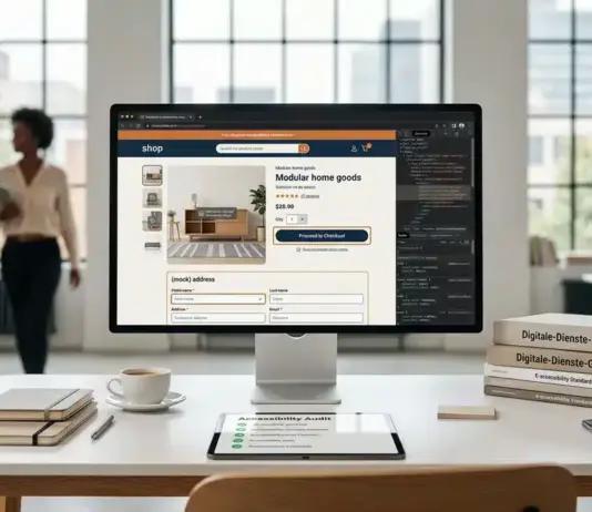 Moderner Online-Shop mit sichtbaren Barrierefreiheits-Elementen und BFSG-Kontext im Arbeitsumfeld