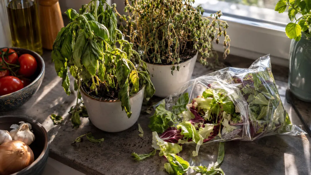 Welke gekaufte Kräutertöpfe und ein Salatbeutel auf einer Küchenablage