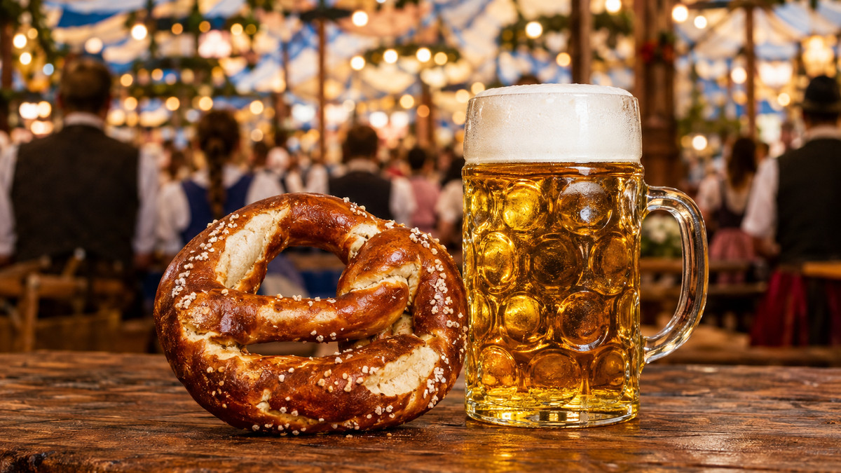 Brezn und Maßkrug im Festzelt, Sinnbild für Bits & Pretzels 2026 in München