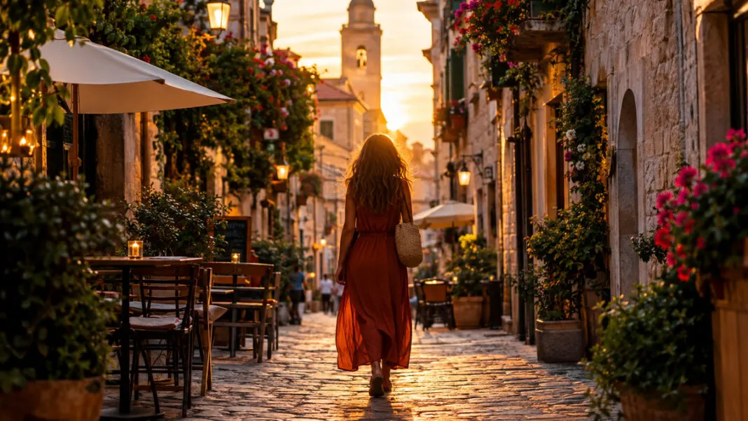 Enge Altstadtgasse mit Cafétischen und warmem Abendlicht auf den Fassaden