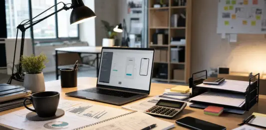 Schlanker Startup-Arbeitsplatz mit Finanzplanung für ein Bootstrapping Startup