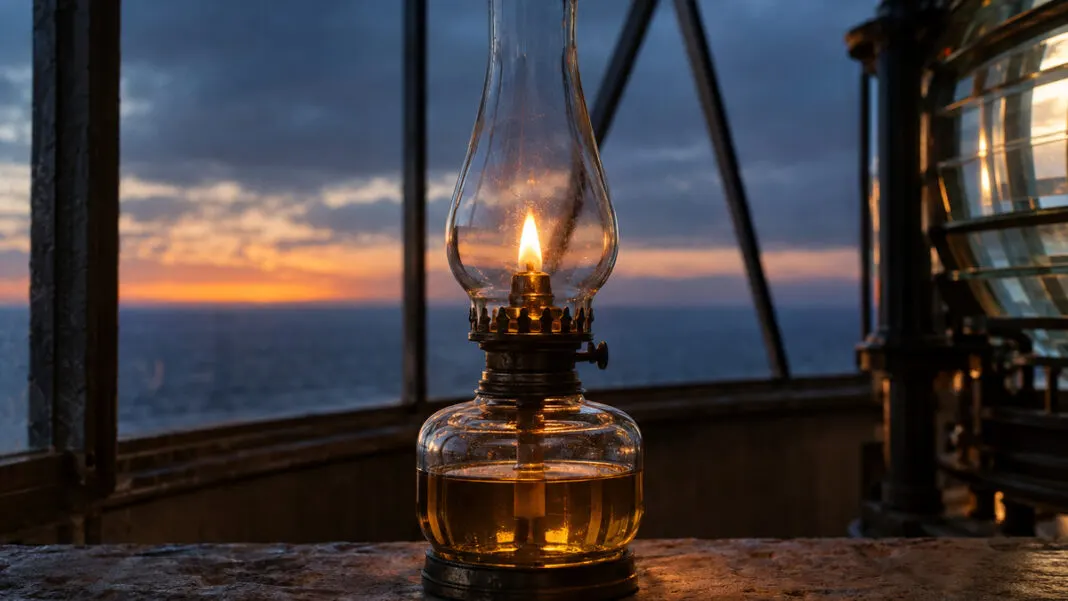 Petroleumlampe mit halb gefülltem Tank brennt auf einem Steinsims