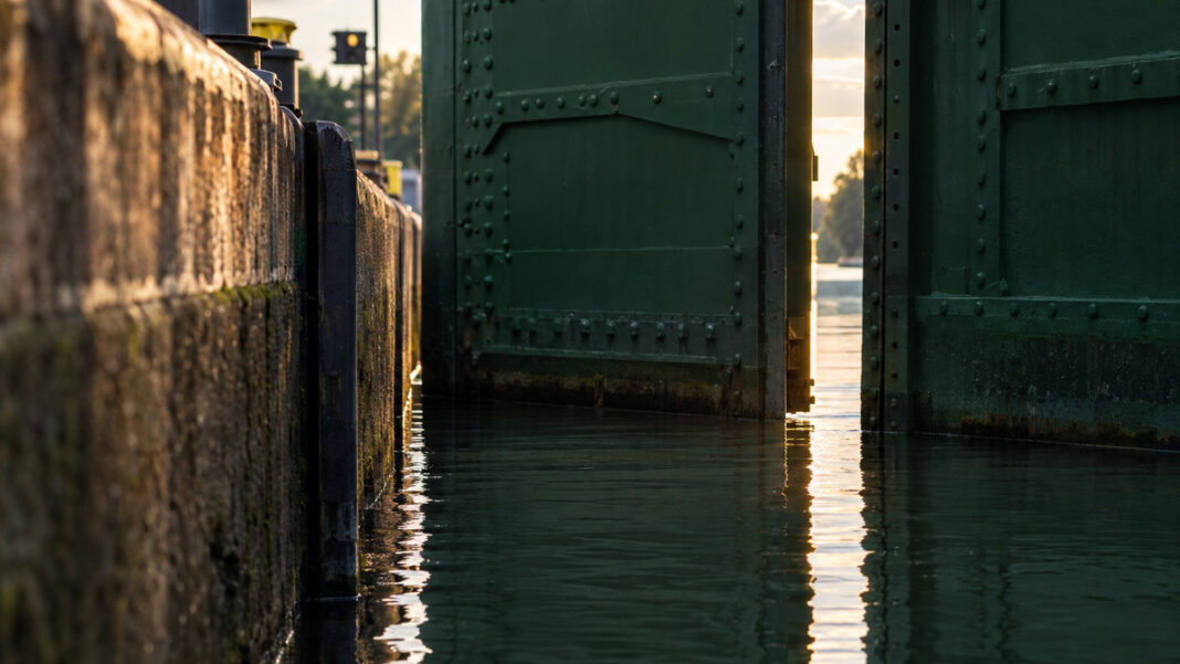 Das Wasser in einer Schleusenkammer steht exakt so hoch wie der Kanal dahinter, das genietete grüne Stahltor öffnet sich einen schmalen Spalt, spätes Nachmittagslicht auf der ruhigen Fläche