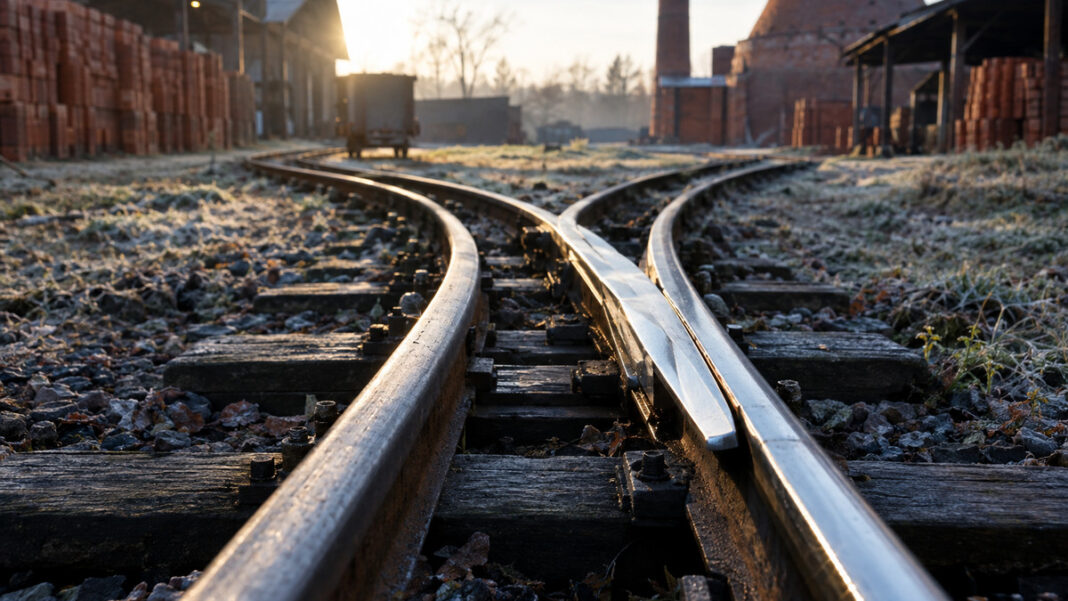 Buchführungspflicht: Ab wann Gründer bilanzieren müssen Zwei Schienenstränge einer Feldbahn trennen sich, die beweglichen Stahlzungen liegen blank poliert am rechten Strang an, kaltes Morgenlicht auf dem Stahl