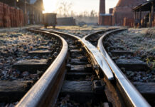 Buchführungspflicht: Ab wann Gründer bilanzieren müssen Zwei Schienenstränge einer Feldbahn trennen sich, die beweglichen Stahlzungen liegen blank poliert am rechten Strang an, kaltes Morgenlicht auf dem Stahl