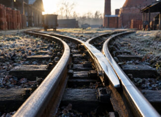 Zwei Schienenstränge einer Feldbahn trennen sich, die beweglichen Stahlzungen liegen blank poliert am rechten Strang an, kaltes Morgenlicht auf dem Stahl