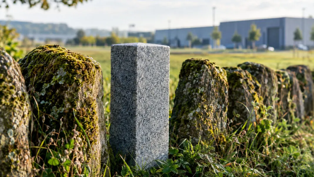 Ein neuer glatter Granitstein steht aufrecht neben älteren moosbewachsenen Steinen am Feldrand