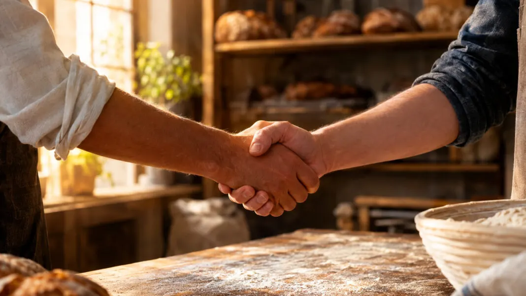 Zwei Hände schließen über einer bemehlten Holzplatte einen Handschlag