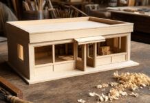 Ein Architekturmodell eines kleinen Ladengebäudes aus hellem Lindenholz steht auf einer Werkbank, daneben feine Holzspäne, warmes Seitenlicht am Nachmittag.
