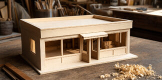 Ein Architekturmodell eines kleinen Ladengebäudes aus hellem Lindenholz steht auf einer Werkbank, daneben feine Holzspäne, warmes Seitenlicht am Nachmittag.