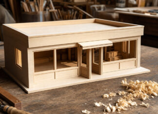 Ein Architekturmodell eines kleinen Ladengebäudes aus hellem Lindenholz steht auf einer Werkbank, daneben feine Holzspäne, warmes Seitenlicht am Nachmittag.