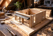 Businessplan-Vorlage: Gliederung und Muster für Gründer Ein hölzernes Architekturmodell eines kleinen Ladengebäudes steht halb fertig auf der Werkbank, die Wände stecken in vorgefrästen Nuten, Sägespäne liegen daneben, Morgenlicht von der Seite