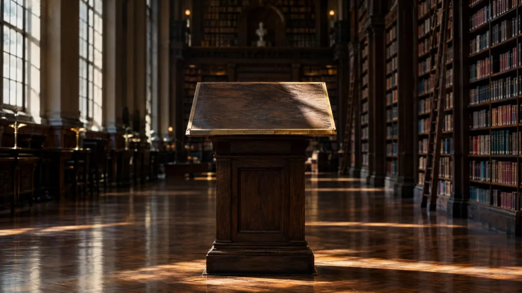 Leeres hölzernes Lesepult in einem hohen Bibliothekssaal im Seitenlicht