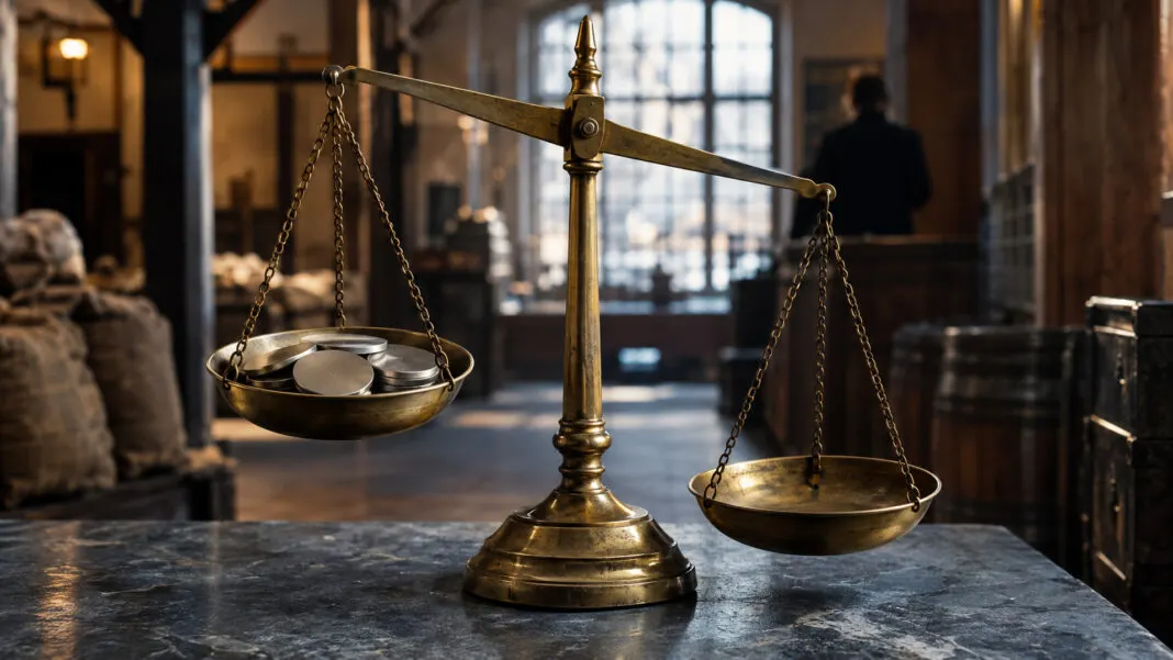 Messingwaage mit Metallscheiben in der linken Schale, die rechte Schale leer