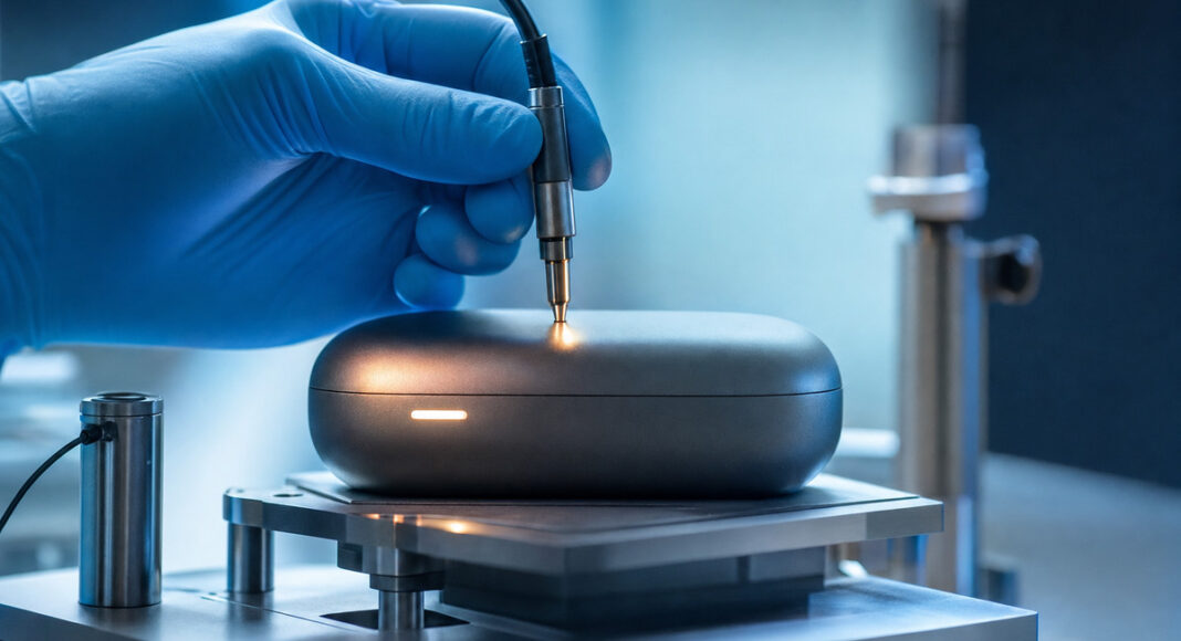 Elektronikgerät wird im Prüflabor mit einem Messfühler getestet