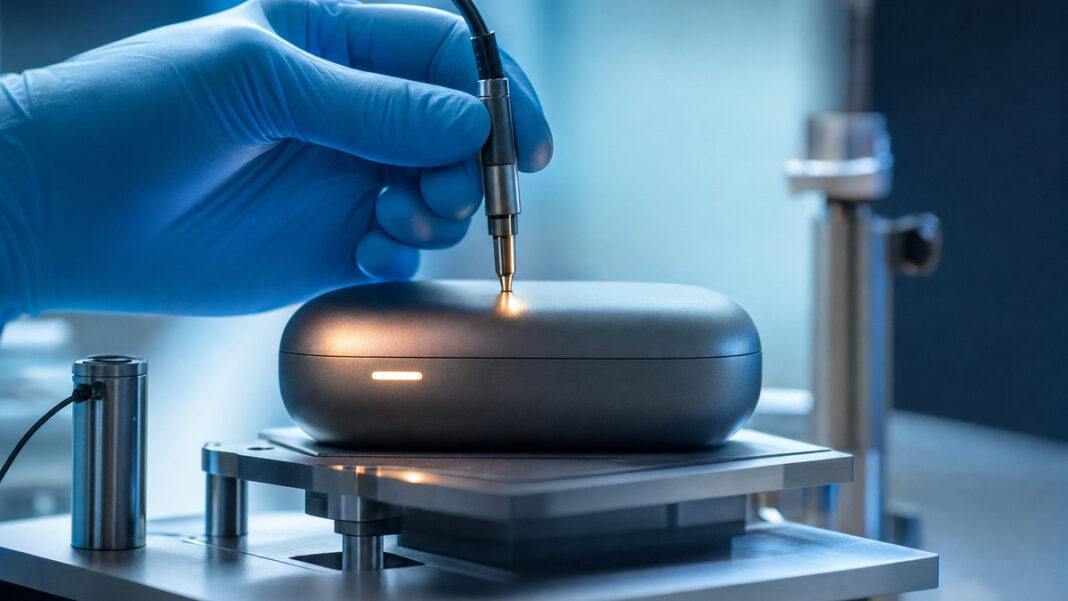Elektronikgerät wird im Prüflabor mit einem Messfühler getestet Elektronikgerät wird im Prüflabor mit einem Messfühler getestet