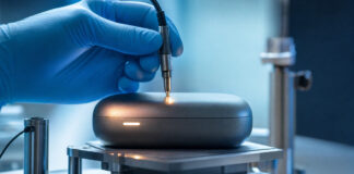 Elektronikgerät wird im Prüflabor mit einem Messfühler getestet