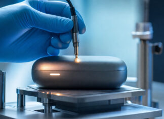 Elektronikgerät wird im Prüflabor mit einem Messfühler getestet