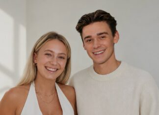 Die Cropsta-Gruender Charlotte Lieben und Mike Leon Lichtenberg stehen laechelnd nebeneinander vor einer hellen Wand