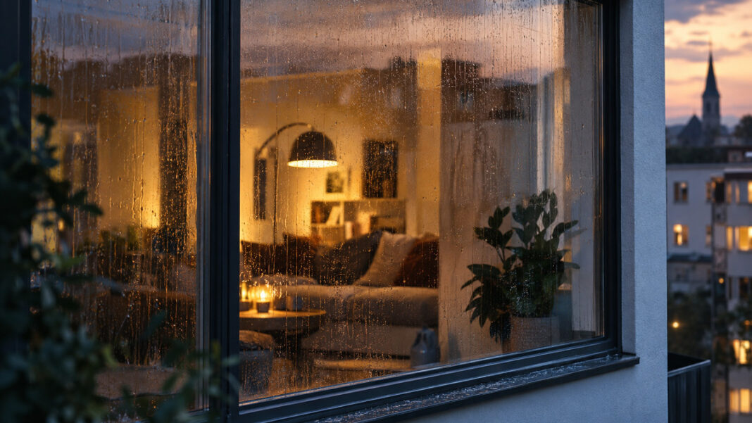 clearBee bei der Höhle der Löwen: Drohne putzt die Fenster von allein Grosse Fensterfront mit Regenschlieren vor einem hellen Wohnraum