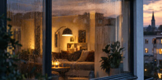 Grosse Fensterfront mit Regenschlieren vor einem hellen Wohnraum