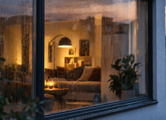 Grosse Fensterfront mit Regenschlieren vor einem hellen Wohnraum
