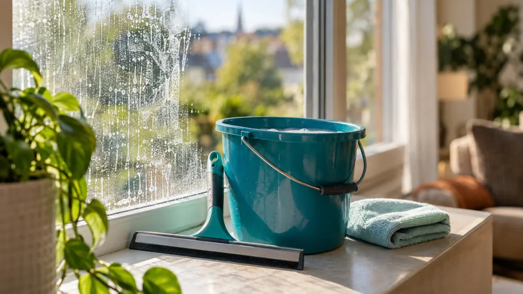 Eimer, Abzieher und Tuch auf einer Fensterbank neben einer halb geputzten Scheibe