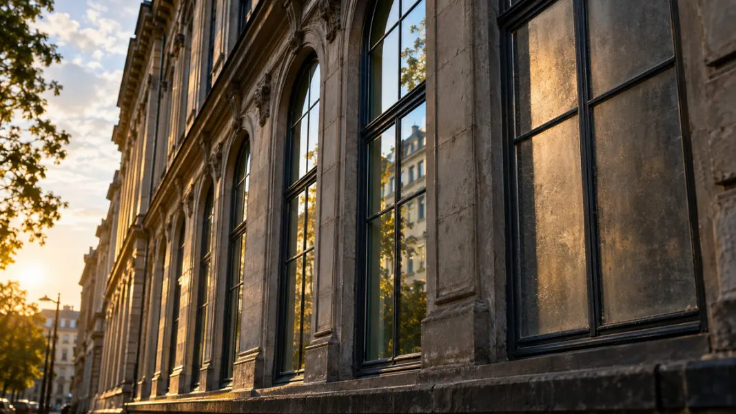 Reihe hoher Fenster an einer Altbaufassade, teils klar und teils staubig