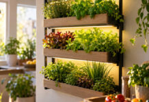 CompactGreens bei der Höhle der Löwen: Salat und Kräuter aus der Wand Schmales Pflanzregal an einer Küchenwand, in dem Salat und Kräuter unter LED-Licht wachsen