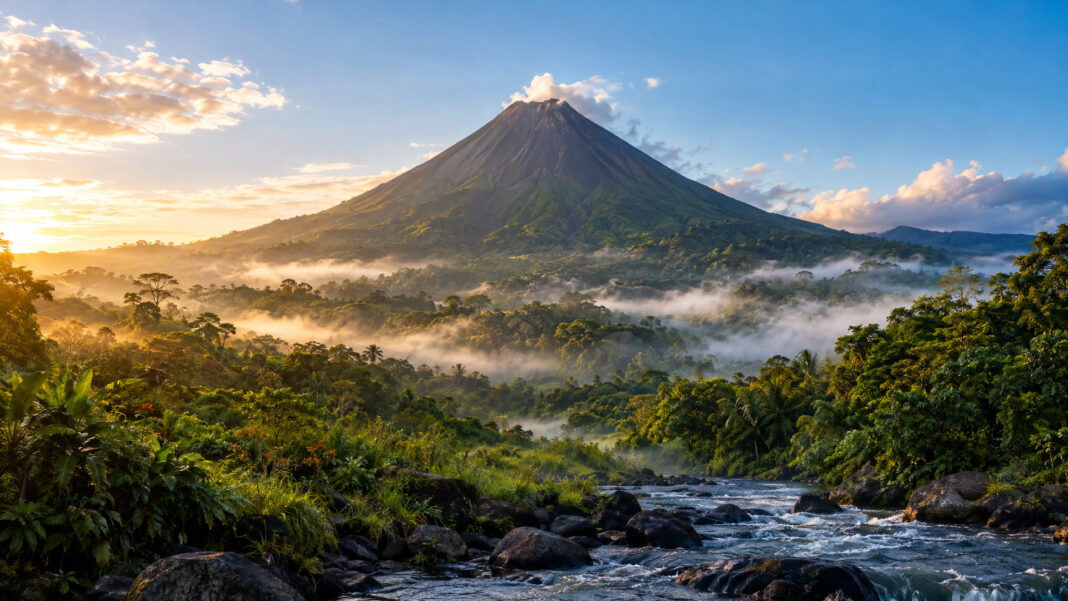 Costa Rica auswandern, Vulkan Arenal Der Vulkan Arenal in Costa Rica über einem Regenwaldtal mit Morgennebel und einem Fluss im Vordergrund