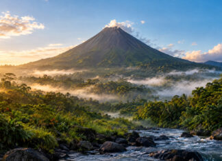 Der Vulkan Arenal in Costa Rica über einem Regenwaldtal mit Morgennebel und einem Fluss im Vordergrund