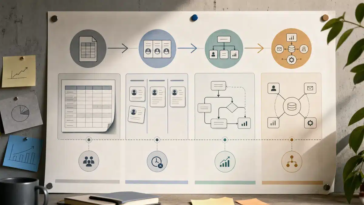 crm-reifephasen Grafik zeigt vier CRM-Reifestufen vom Spreadsheet bis zum skalierbaren Setup