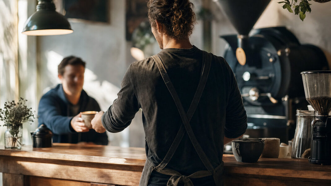 Café-Besitzer reicht einem Stammgast einen Cappuccino über den Tresen Café-Besitzer reicht einem Stammgast einen Cappuccino über den Tresen